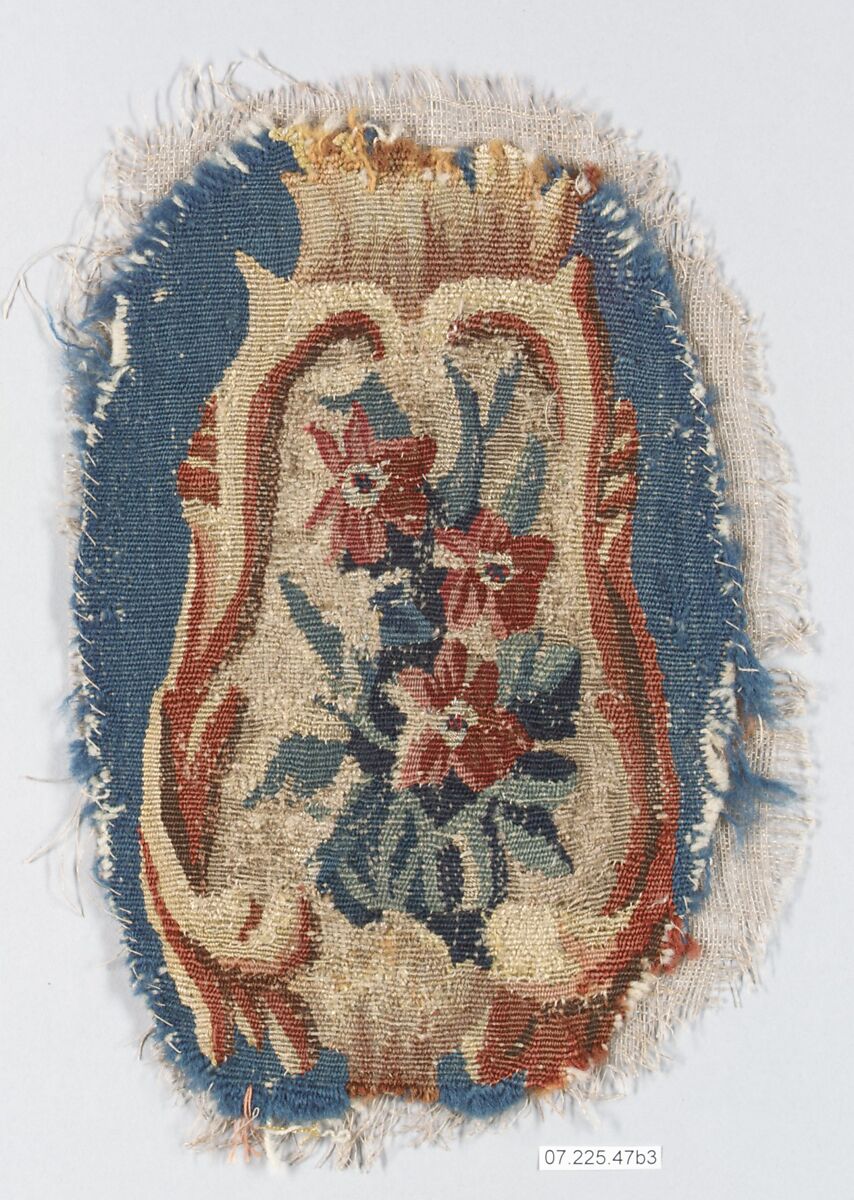 Rocaille cartouche with flowers, Probably manufactured in the Beauvais, Wool, silk (20-22 warps per inch, 8 per cm.), French, probably Beauvais 