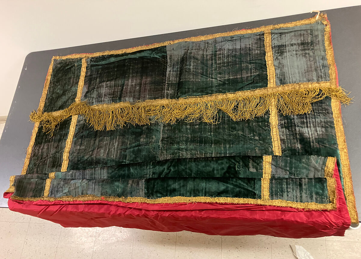 Panels (2), blue green silk velvet, metal thread, Italian