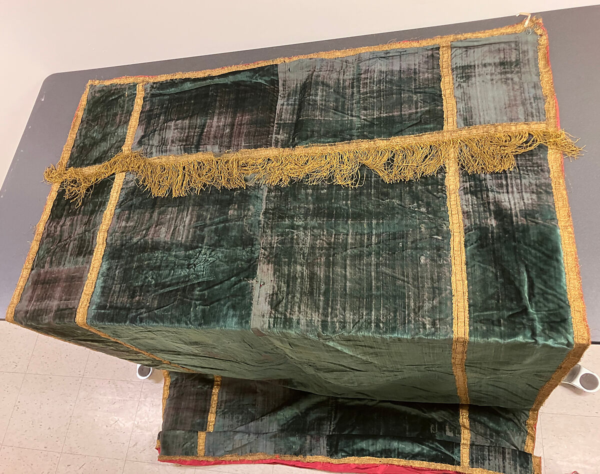 Panels (2), blue green silk velvet, metal thread, Italian