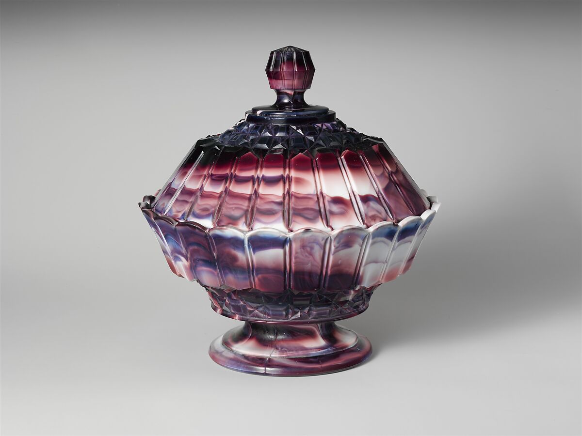 Purple marble glass covered bowl, Challinor, Taylor and Company (1866–1891), Pressed purple marble glass, American 