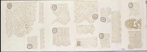 Sample book, Linen, cotton, silk and wool, paper; bobbin lace, Russian 