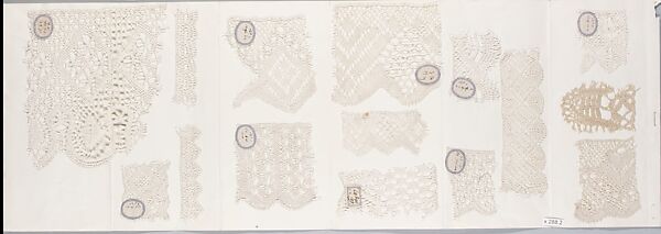 Sample book, Linen, cotton, silk and wool, paper; bobbin lace, Russian