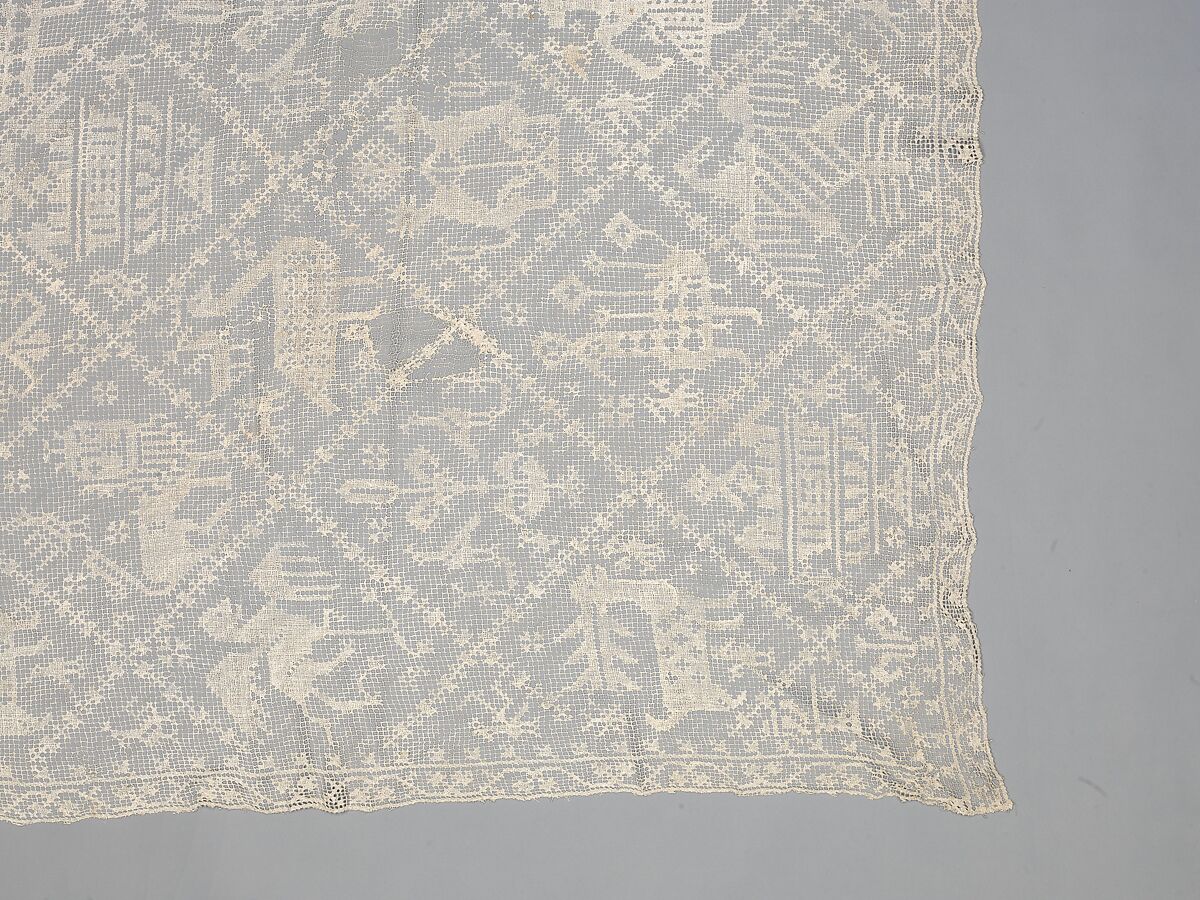 Table cover, Linen, embroidered net, Italian