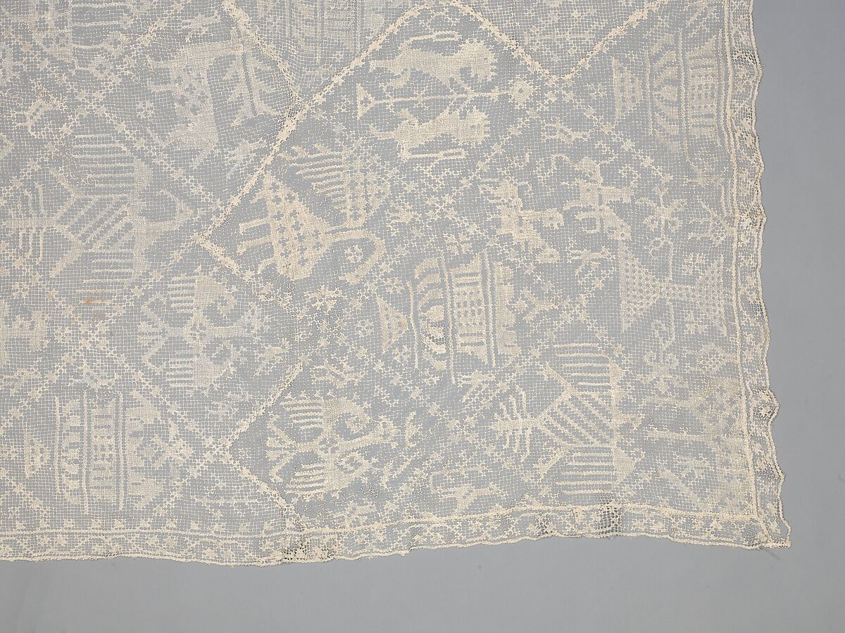 Table cover, Linen, embroidered net, Italian