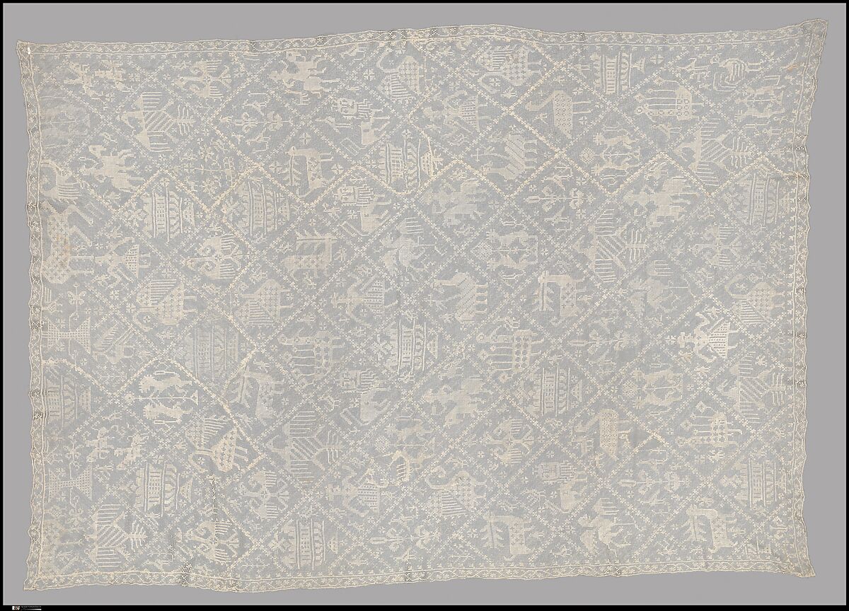 Table cover, Linen, embroidered net, Italian