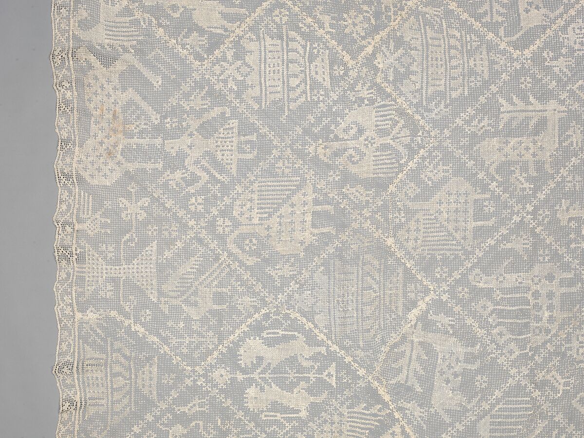 Table cover, Linen, embroidered net, Italian