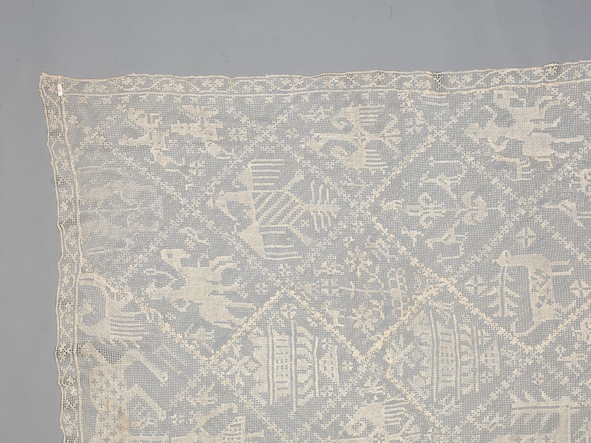 Table cover, Linen, embroidered net, Italian