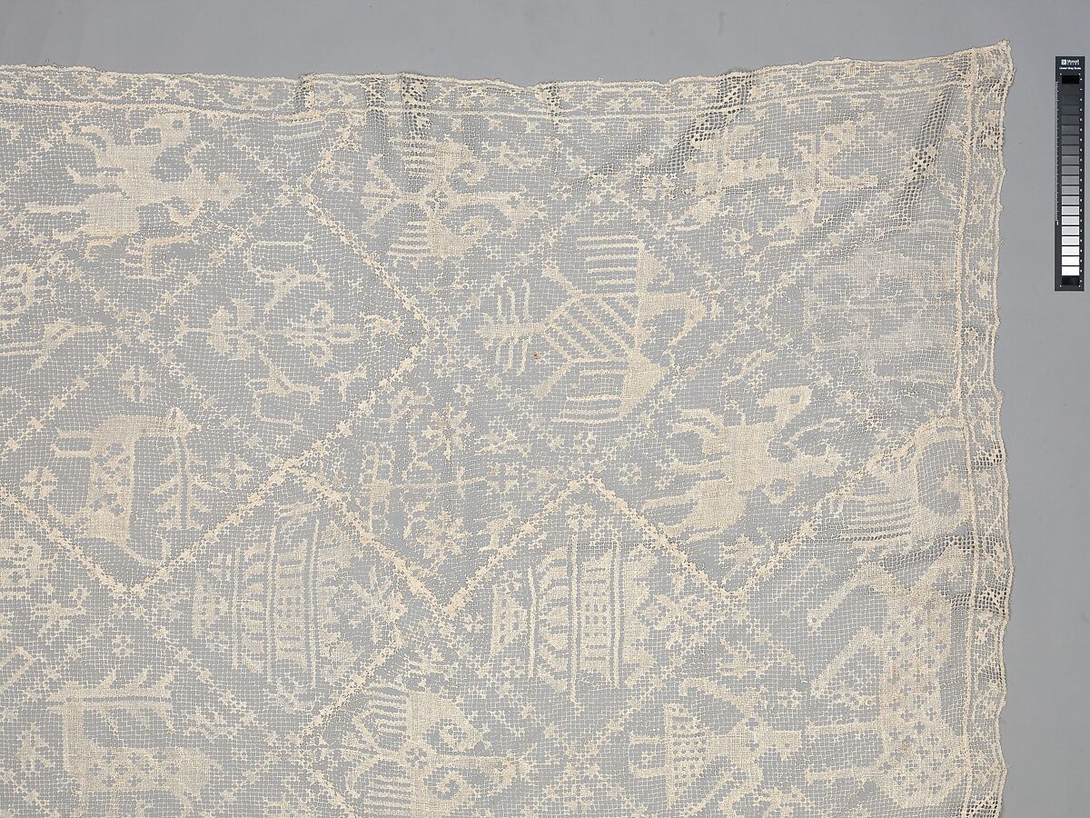 Table cover, Linen, embroidered net, Italian