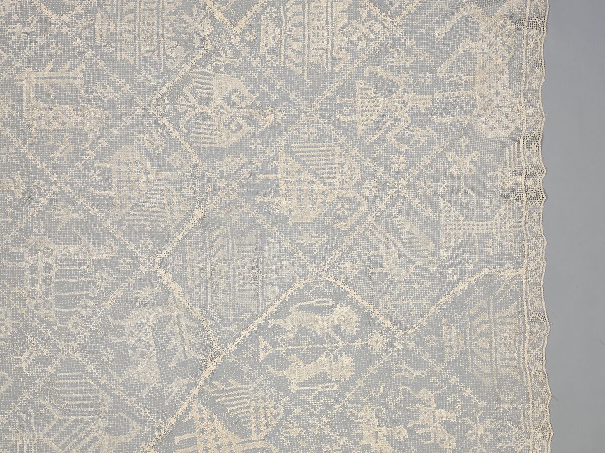 Table cover, Linen, embroidered net, Italian