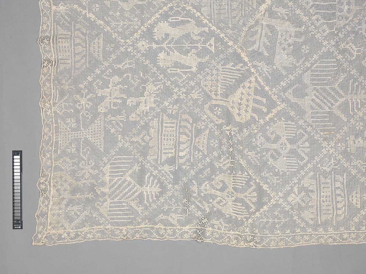 Table cover, Linen, embroidered net, Italian