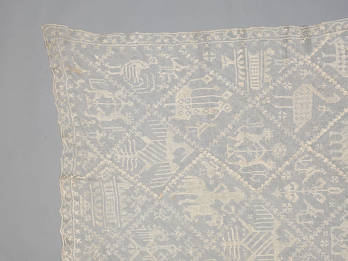 Table cover, Linen, embroidered net, Italian