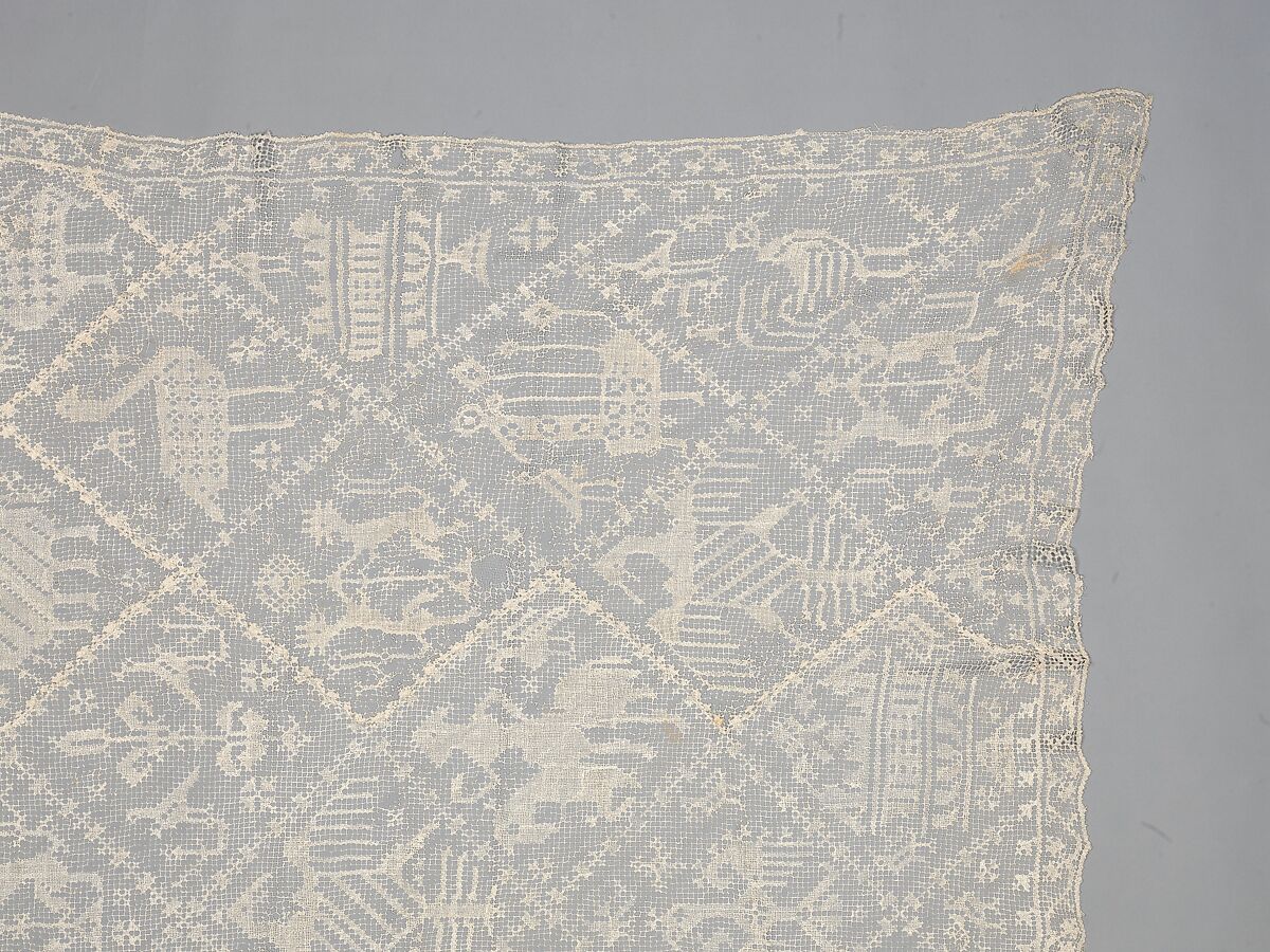 Table cover, Linen, embroidered net, Italian