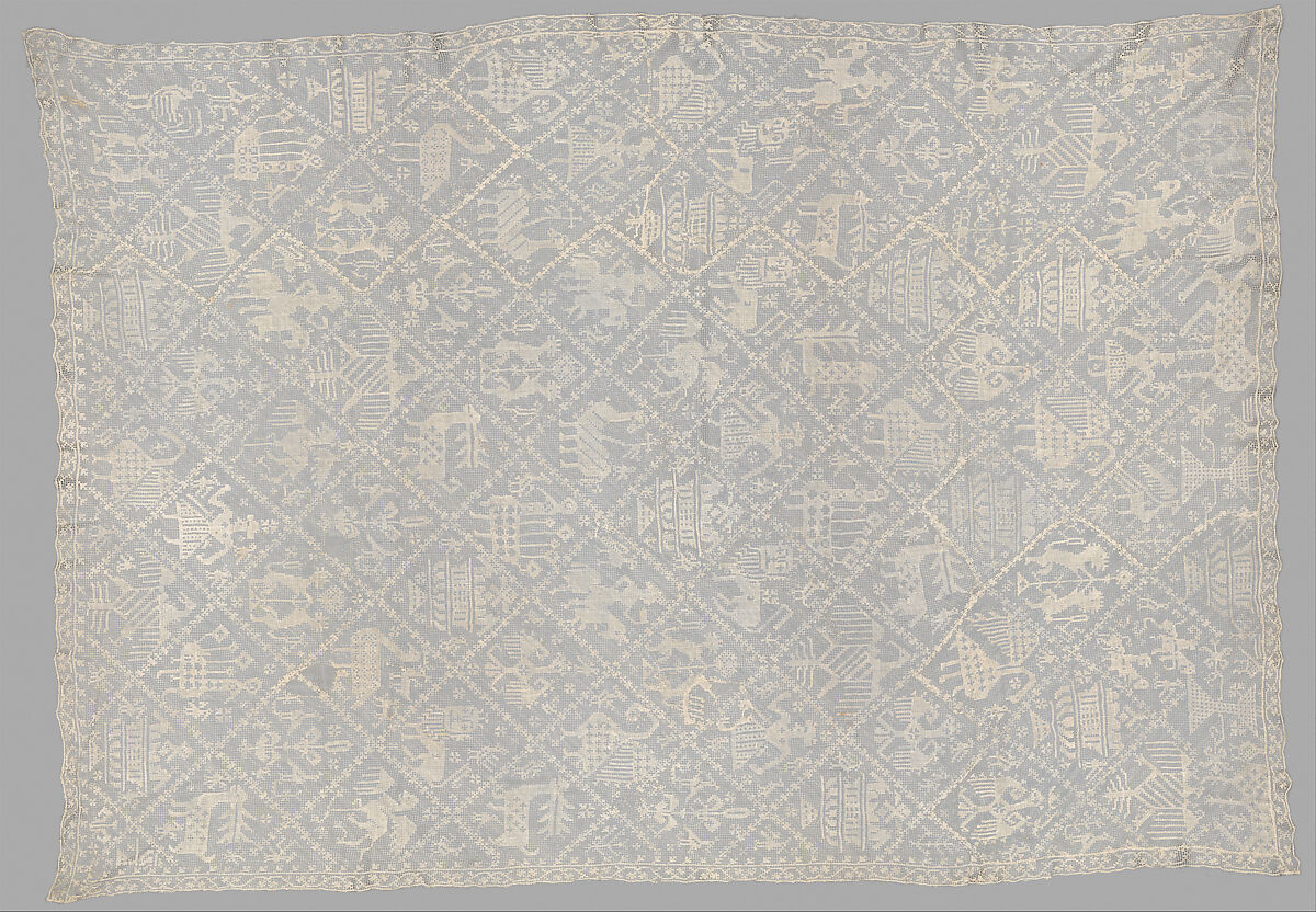 Table cover, Linen, embroidered net, Italian 