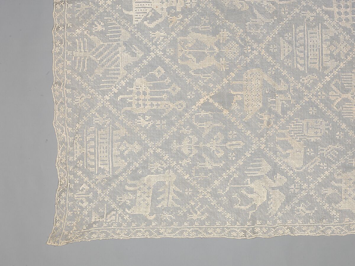 Table cover, Linen, embroidered net, Italian