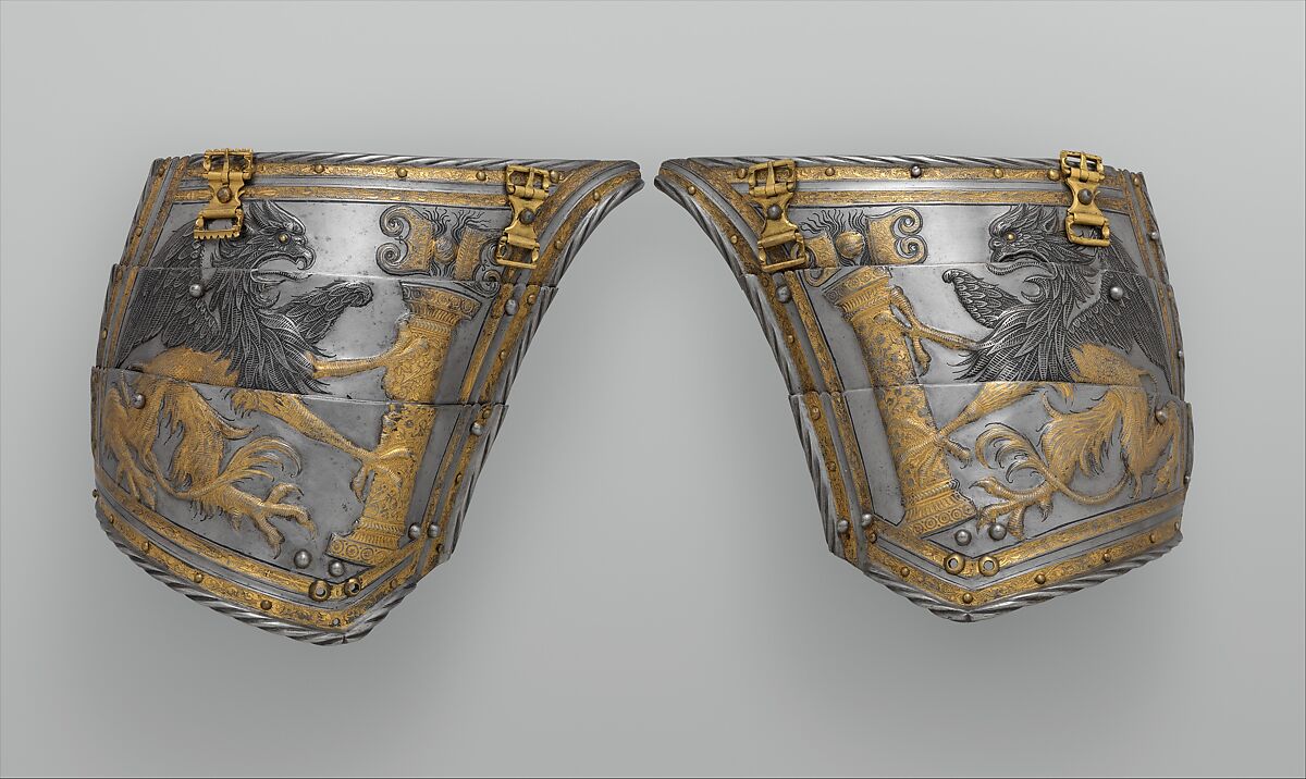 Pair of Tassets of Emperor Charles V of Austria (1500–1558), Kolman Helmschmid (German, Augsburg 1471–1532), Steel, gold, German, Augsburg 