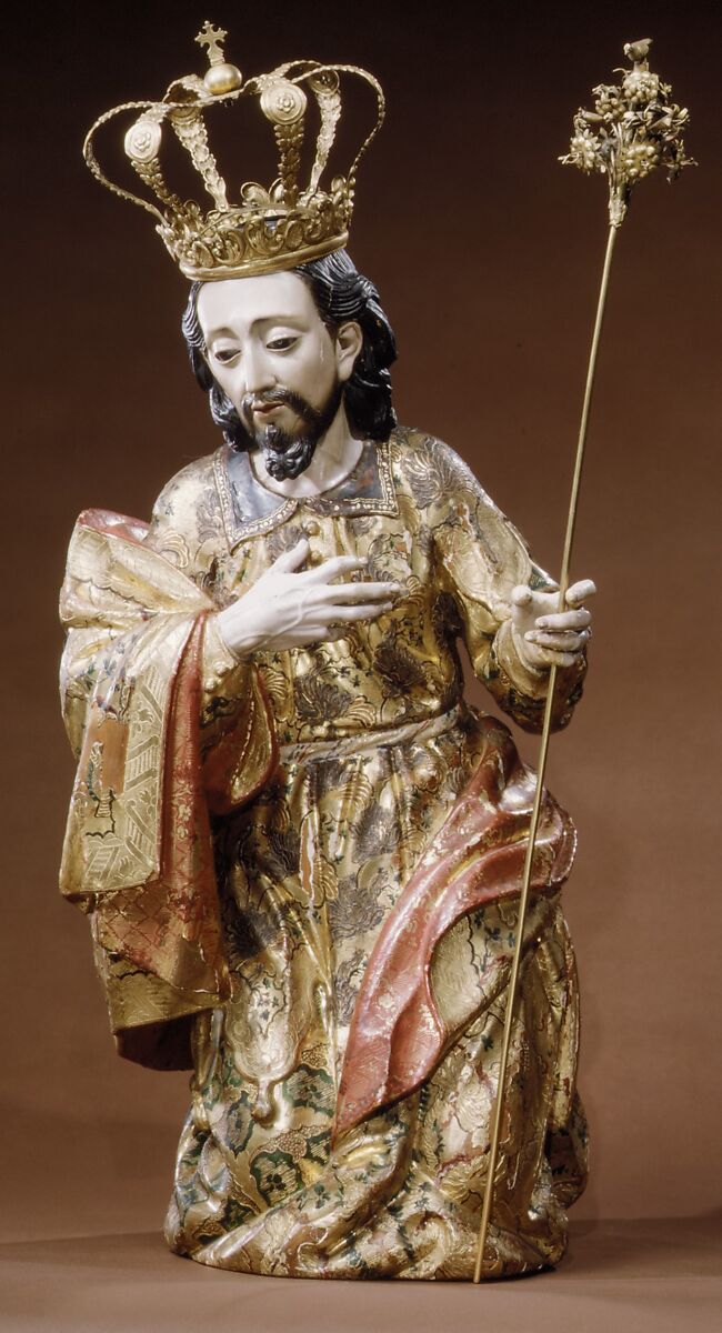 Joseph (from a nativity), Polychrome wood, gilt silver, glass, Guatemalan