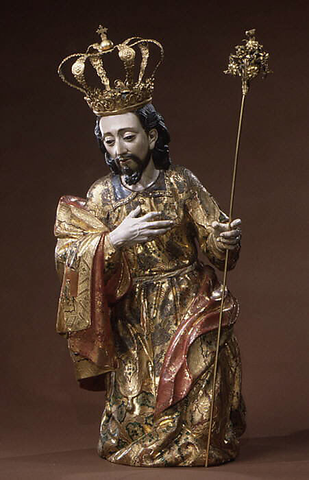 Joseph (from a nativity), Polychrome wood, gilt silver, glass, Guatemalan