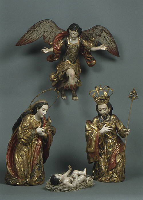 Angel from a Nativity, Polychrome wood, gilt silver, glass, Guatemalan