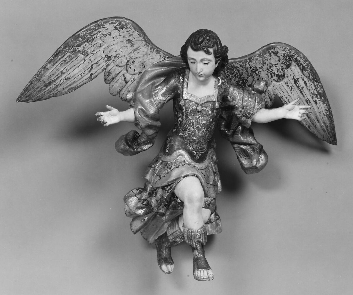 Angel from a Nativity, Polychrome wood, gilt silver, glass, Guatemalan 