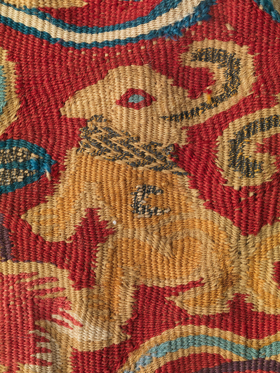 Seat cover, Tapestry weave, cotton warp and camelid hair, silver gilt, and silk weft, Peruvian