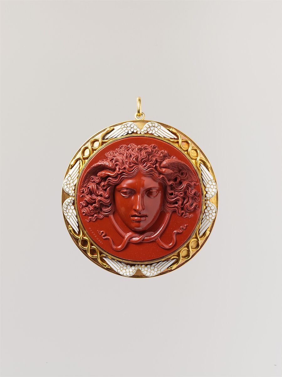 Head of Medusa, Cameo by Benedetto Pistrucci (Italian, 1783–1855, active England), Red jasper mounted in gold with white enamel, Italian, executed in England (London) 