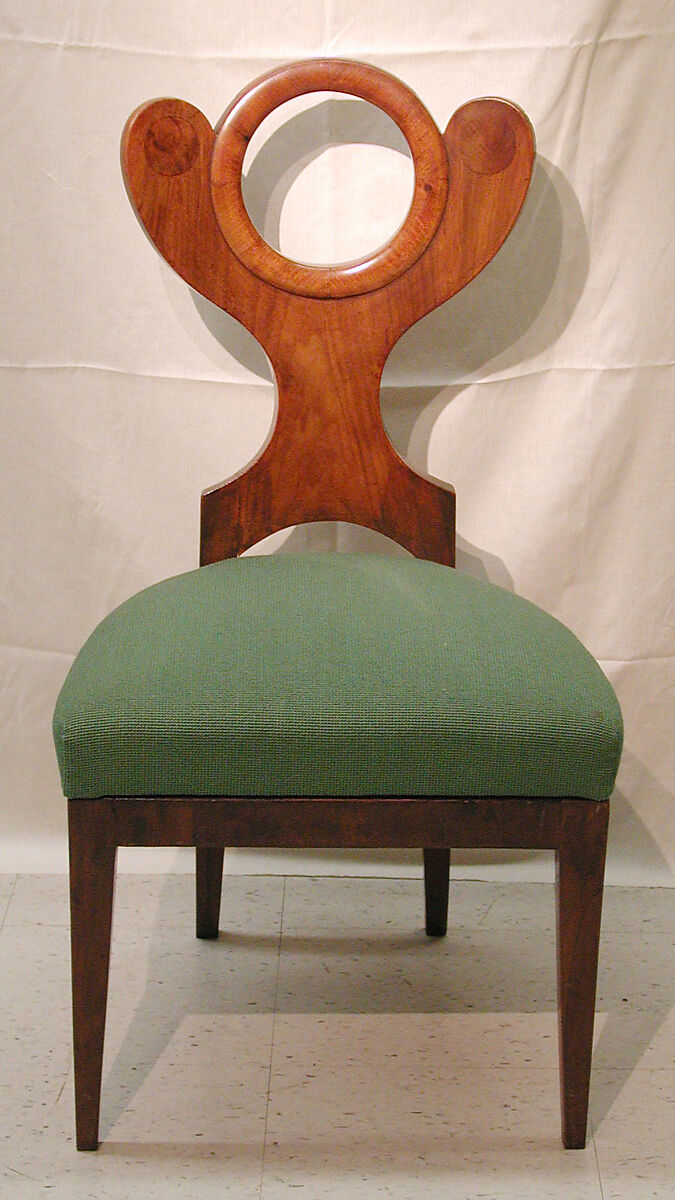 Side chair, Solid beech wood (front and side rails), solid pine wood (supporting middle seat rail), solid walnut (legs), walnut and burr walnut veneer.  Upholstery materials: drop-in seat frame of plywood, webbing, modern black enameled springs, cotton wadding, jute spring cover cloth, filling, a cover cloth and the show-cover, blued metal tacks.  (The seat is a recent fabrication.), Austrian 