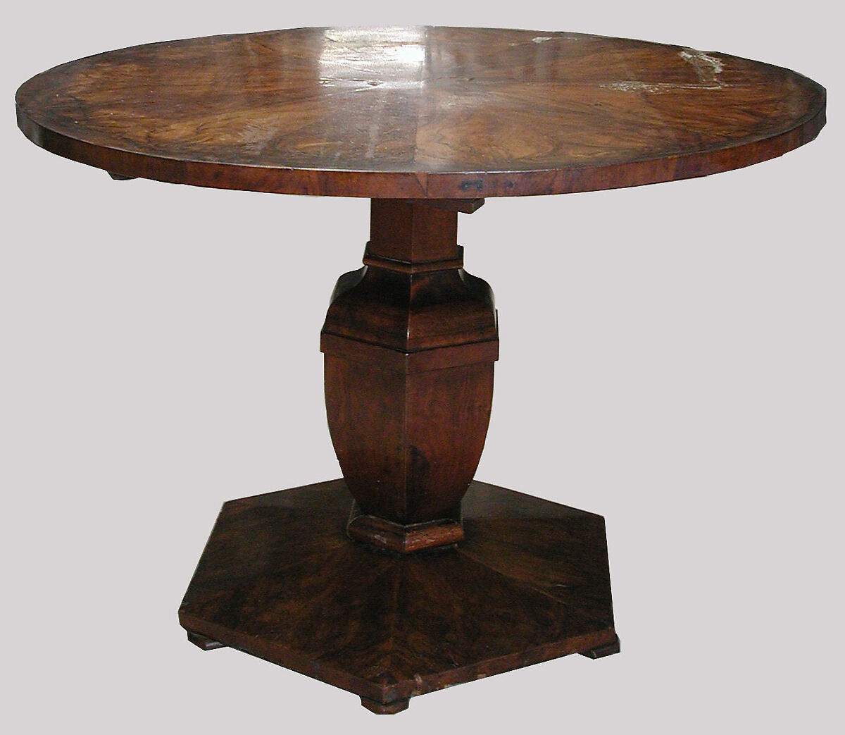 Table, Solid pine wood (top, plinth and inner column), solid walnut (outer column), walnut and burr walnut veneer; iron and steel., Austrian 