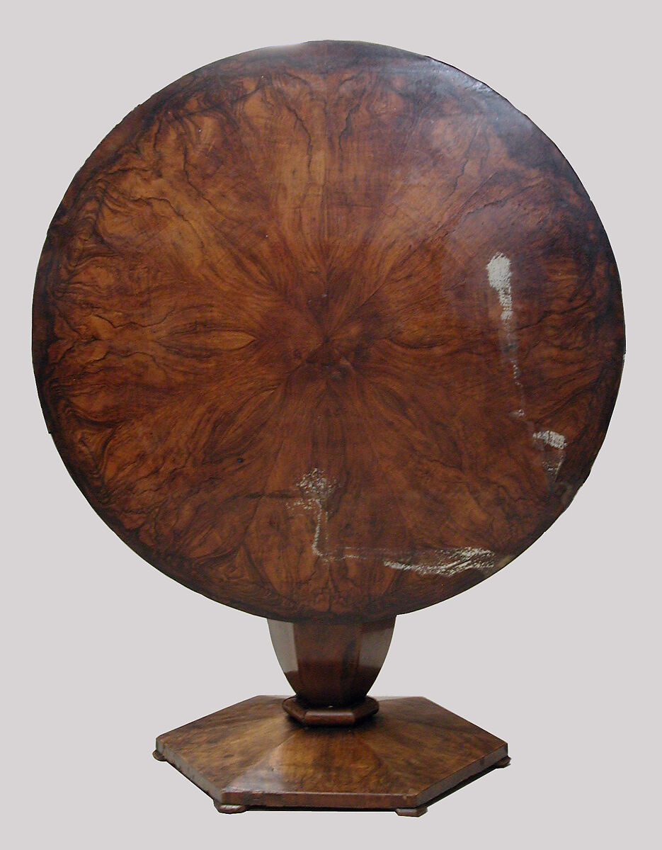 Table, Solid pine wood (top, plinth and inner column), solid walnut (outer column), walnut and burr walnut veneer; iron and steel., Austrian