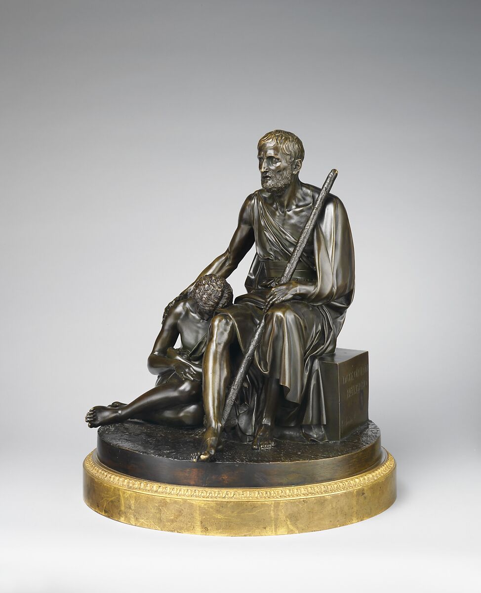 Belisarius and His Guide, Antoine Denis Chaudet (French, Paris 1763–1810 Paris), Bronze, mounted in a bronze circlet with floral ornament painted to resemble gilt bronze, into which is fitted the original rotating mechanism, French, Paris