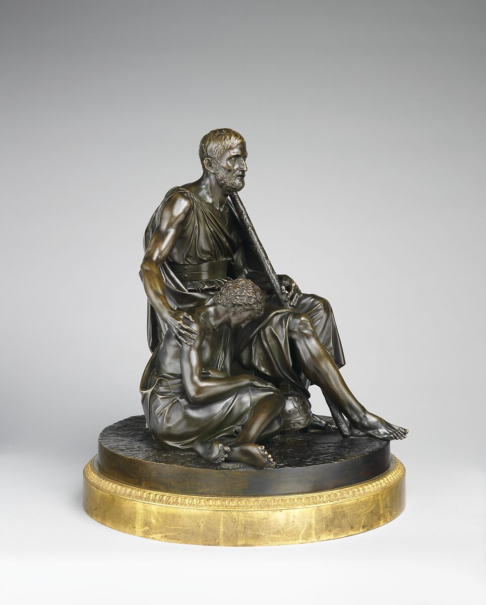 Belisarius and His Guide, Antoine Denis Chaudet (French, Paris 1763–1810 Paris), Bronze, mounted in a bronze circlet with floral ornament painted to resemble gilt bronze, into which is fitted the original rotating mechanism, French, Paris