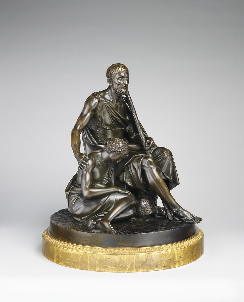 Belisarius and His Guide, Antoine Denis Chaudet (French, Paris 1763–1810 Paris), Bronze, mounted in a bronze circlet with floral ornament painted to resemble gilt bronze, into which is fitted the original rotating mechanism, French, Paris