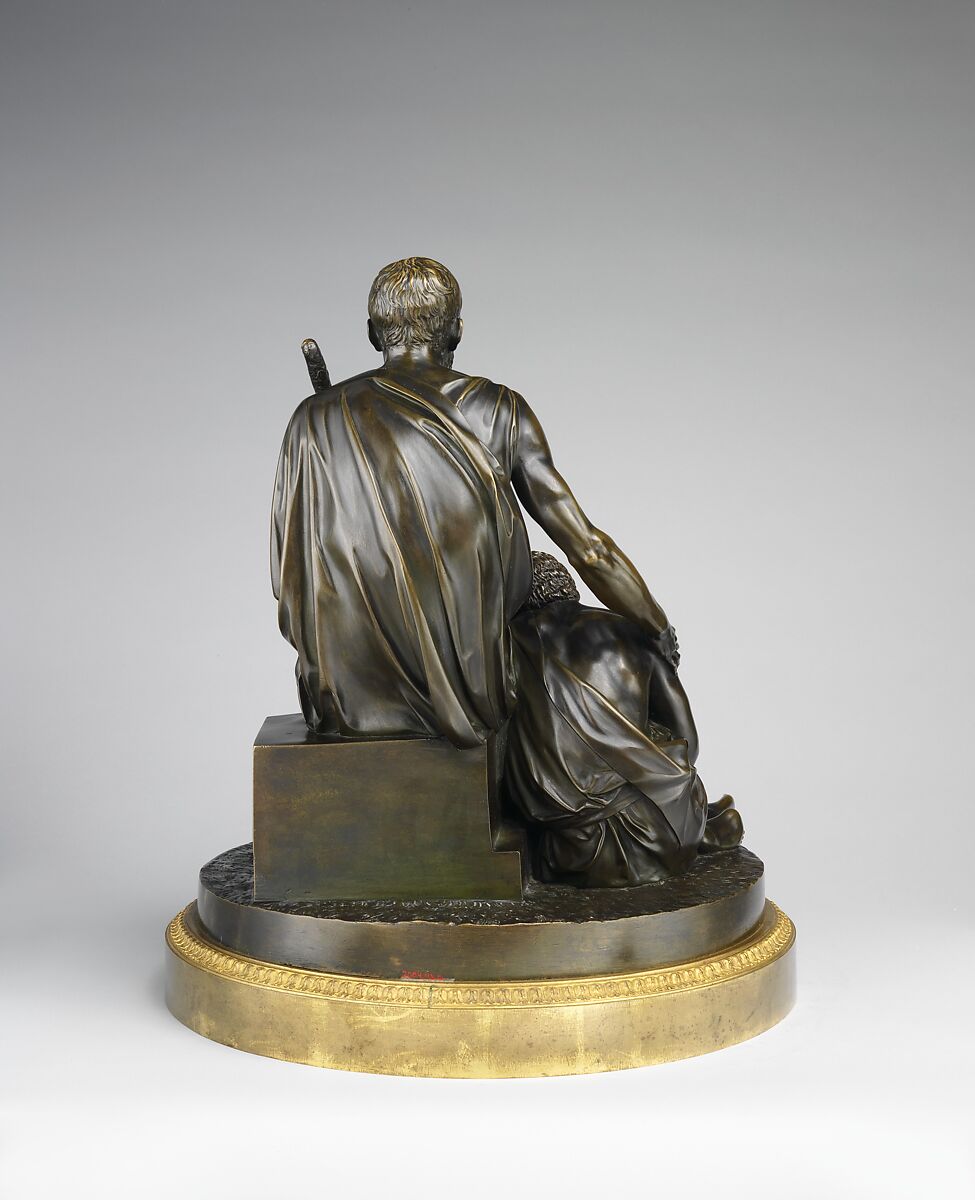 Belisarius and His Guide, Antoine Denis Chaudet (French, Paris 1763–1810 Paris), Bronze, mounted in a bronze circlet with floral ornament painted to resemble gilt bronze, into which is fitted the original rotating mechanism, French, Paris