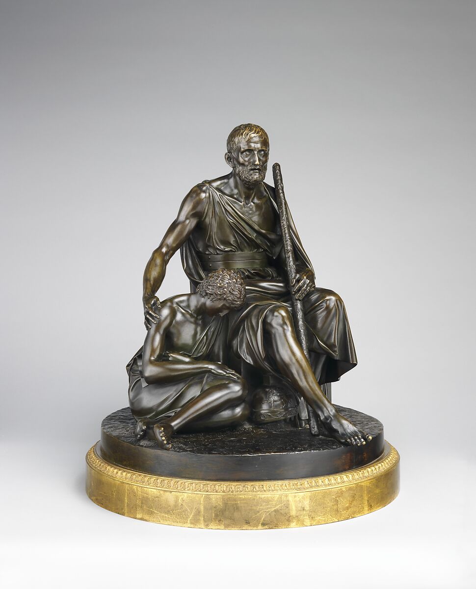 Belisarius and His Guide, Antoine Denis Chaudet (French, Paris 1763–1810 Paris), Bronze, mounted in a bronze circlet with floral ornament painted to resemble gilt bronze, into which is fitted the original rotating mechanism, French, Paris