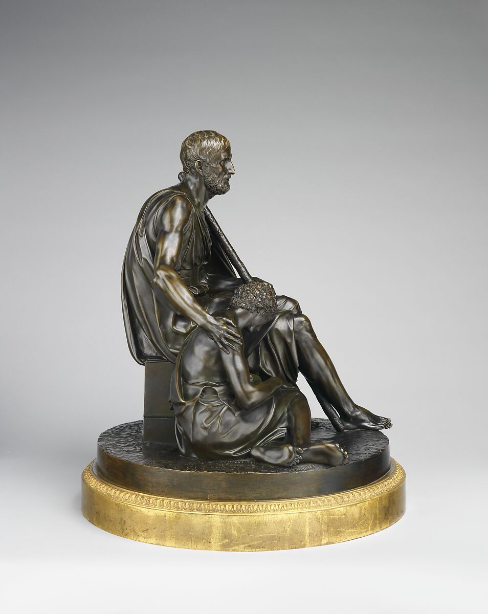 Belisarius and His Guide, Antoine Denis Chaudet (French, Paris 1763–1810 Paris), Bronze, mounted in a bronze circlet with floral ornament painted to resemble gilt bronze, into which is fitted the original rotating mechanism, French, Paris