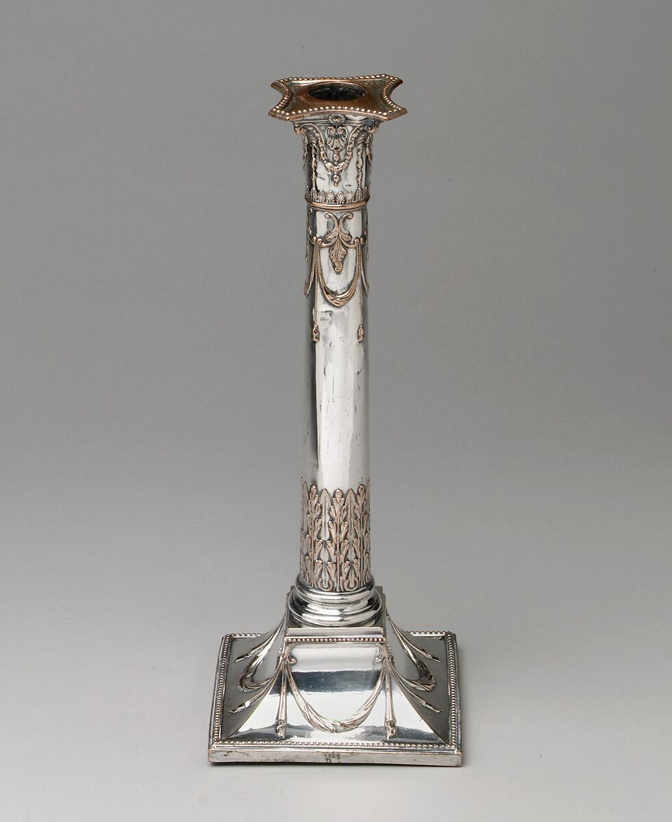 Candlestick (one of a pair), Sheffield plate, British 