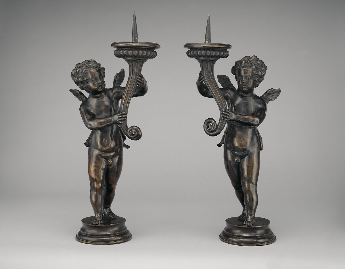 Pair of candlesticks, Style of Niccolò Roccatagliata (Italian, born Genoa, active 1593–1636), Bronze with dark brown patina, Italian, Venice 