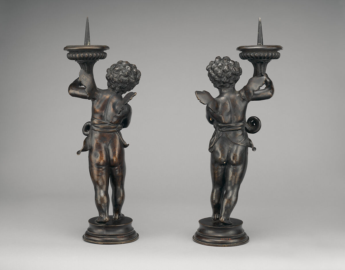 Pair of candlesticks, Style of Niccolò Roccatagliata (Italian, born Genoa, active 1593–1636), Bronze with dark brown patina, Italian, Venice