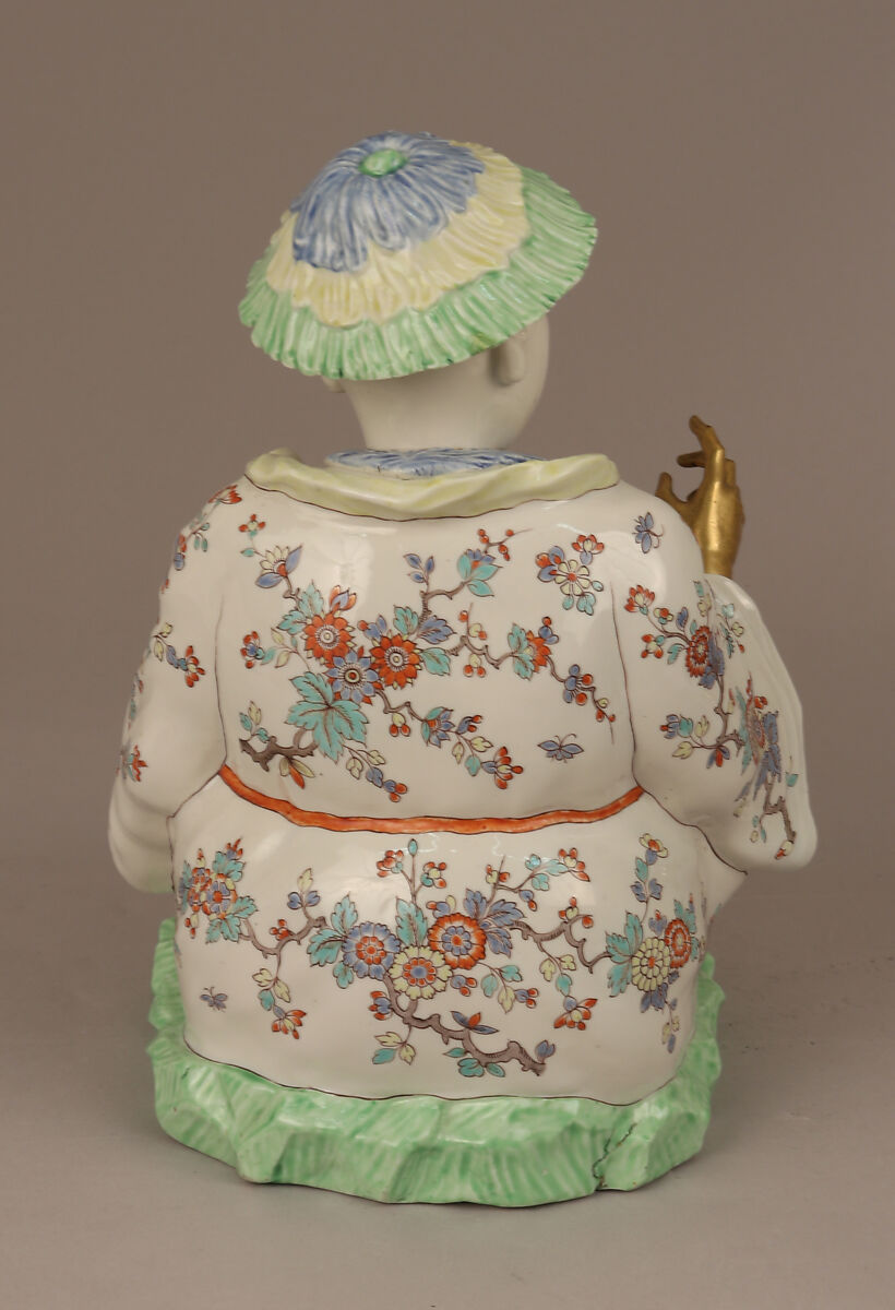 Pair of seated figures with globes, Chantilly (French), Soft-paste porcelain painted with colored enamels over tin glaze; gilt bronze, French, Chantilly