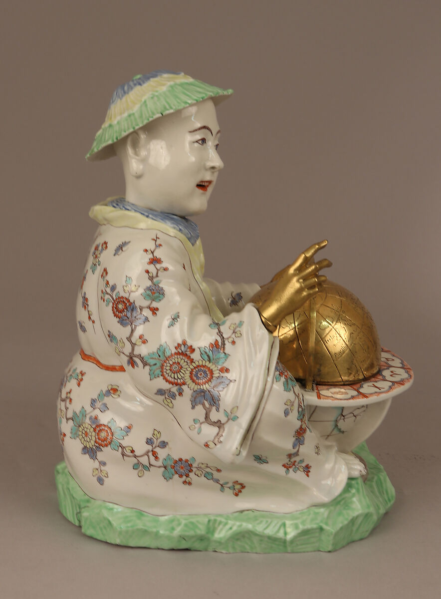 Pair of seated figures with globes, Chantilly (French), Soft-paste porcelain painted with colored enamels over tin glaze; gilt bronze, French, Chantilly