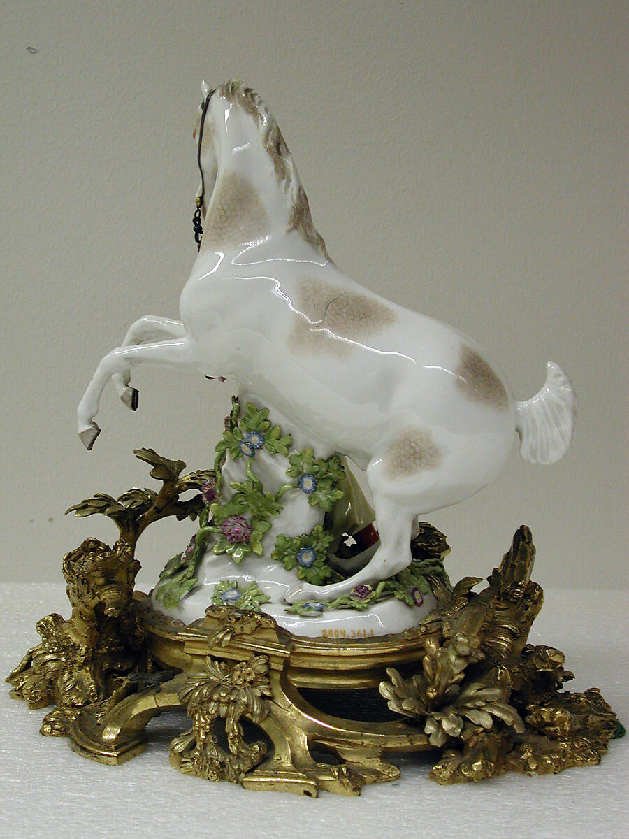 Horse with groom (one of a pair), Meissen Manufactory (German, 1710–present), Hard-paste porcelain, gilt-bronze and enameled lead mounts, German, Meissen with probably French mounts