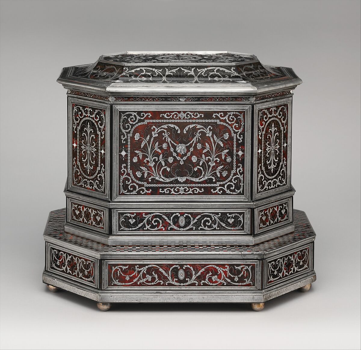 Wig cabinet (cabinet de coiffure), Johann Daniel Sommer II (German, 1643–1698?), Oak and walnut veneered with ebony, ebonized wood, and marquetry of pewter and mother-of-pearl on horn over paint, simulating tortoiseshell; silver; brocaded damask (not original), German, Künzelzau 