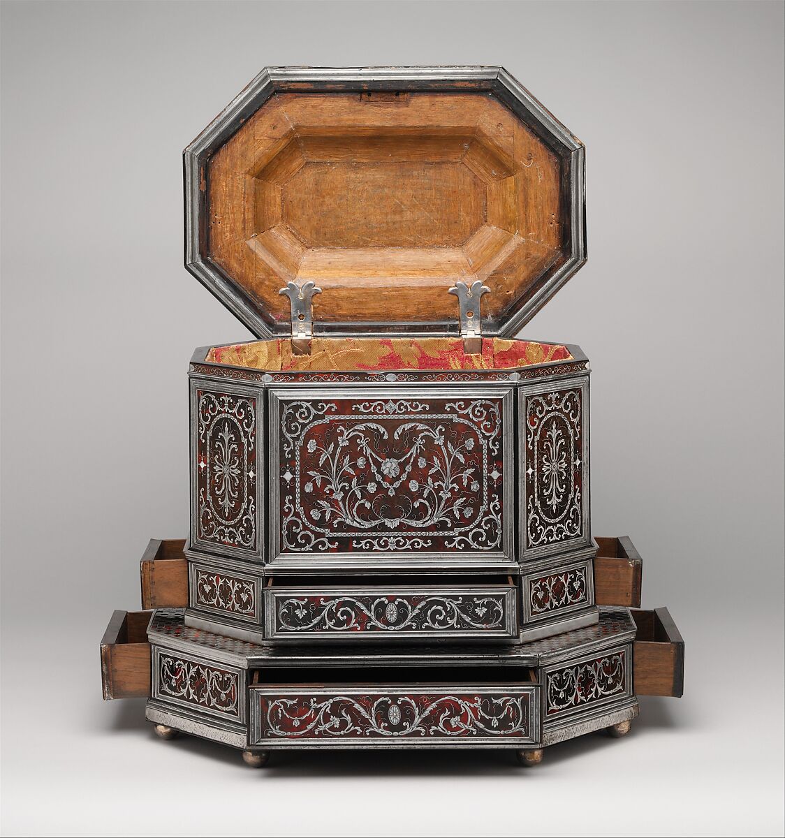 Wig cabinet (cabinet de coiffure), Johann Daniel Sommer II (German, 1643–1698?), Oak and walnut veneered with ebony, ebonized wood, and marquetry of pewter, mother of pearl, and tortoiseshell colored red on the reverse; silver; brocaded damask (not original), German, Künzelzau