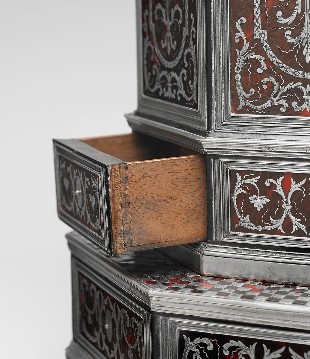 Wig cabinet (cabinet de coiffure), Johann Daniel Sommer II (German, 1643–1698?), Oak and walnut veneered with ebony, ebonized wood, and marquetry of pewter, mother of pearl, and tortoiseshell colored red on the reverse; silver; brocaded damask (not original), German, Künzelzau