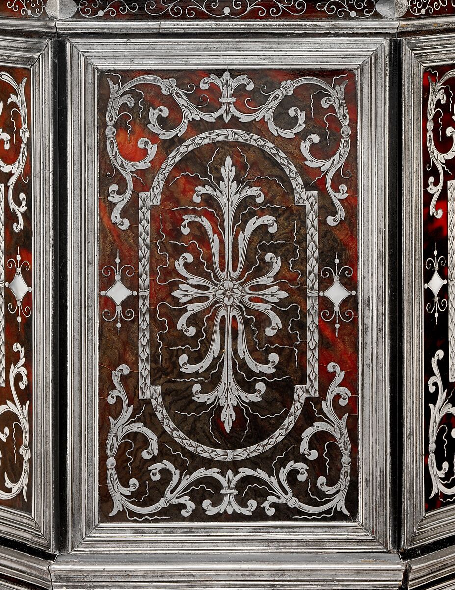 Wig cabinet (cabinet de coiffure), Johann Daniel Sommer II (German, 1643–1698?), Oak and walnut veneered with ebony, ebonized wood, and marquetry of pewter, mother of pearl, and tortoiseshell colored red on the reverse; silver; brocaded damask (not original), German, Künzelzau