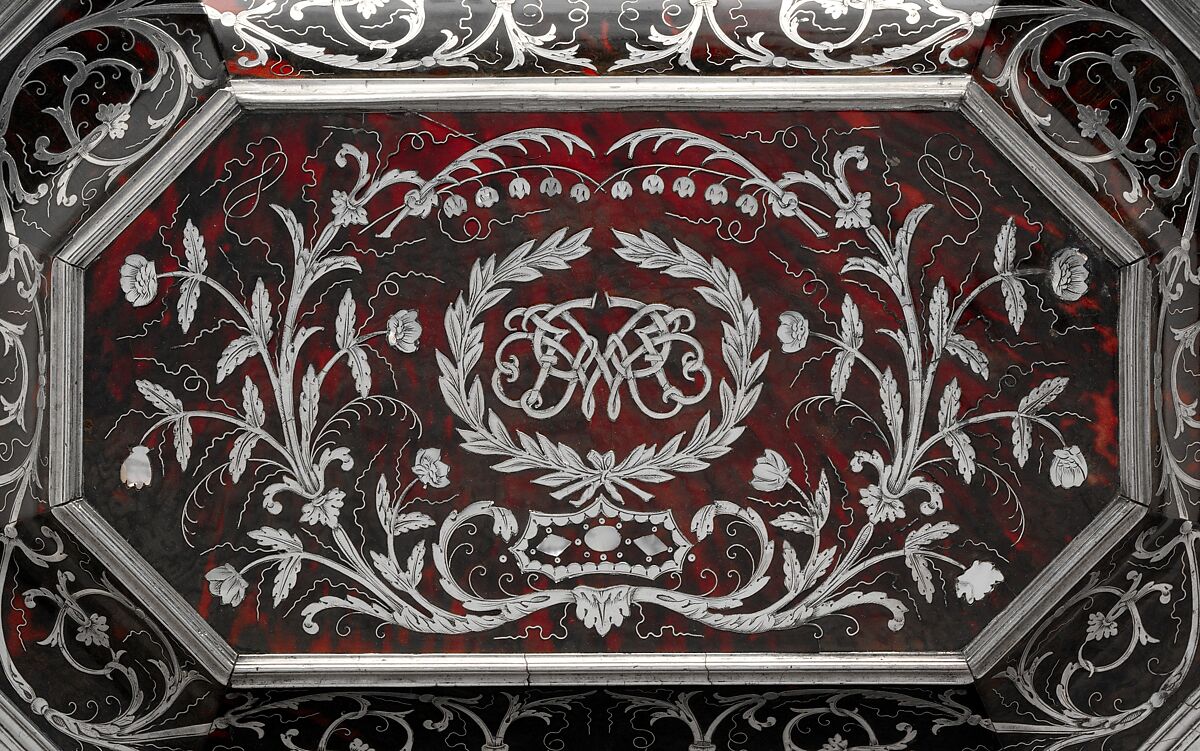 Wig cabinet (cabinet de coiffure), Johann Daniel Sommer II (German, 1643–1698?), Oak and walnut veneered with ebony, ebonized wood, and marquetry of pewter, mother of pearl, and tortoiseshell colored red on the reverse; silver; brocaded damask (not original), German, Künzelzau