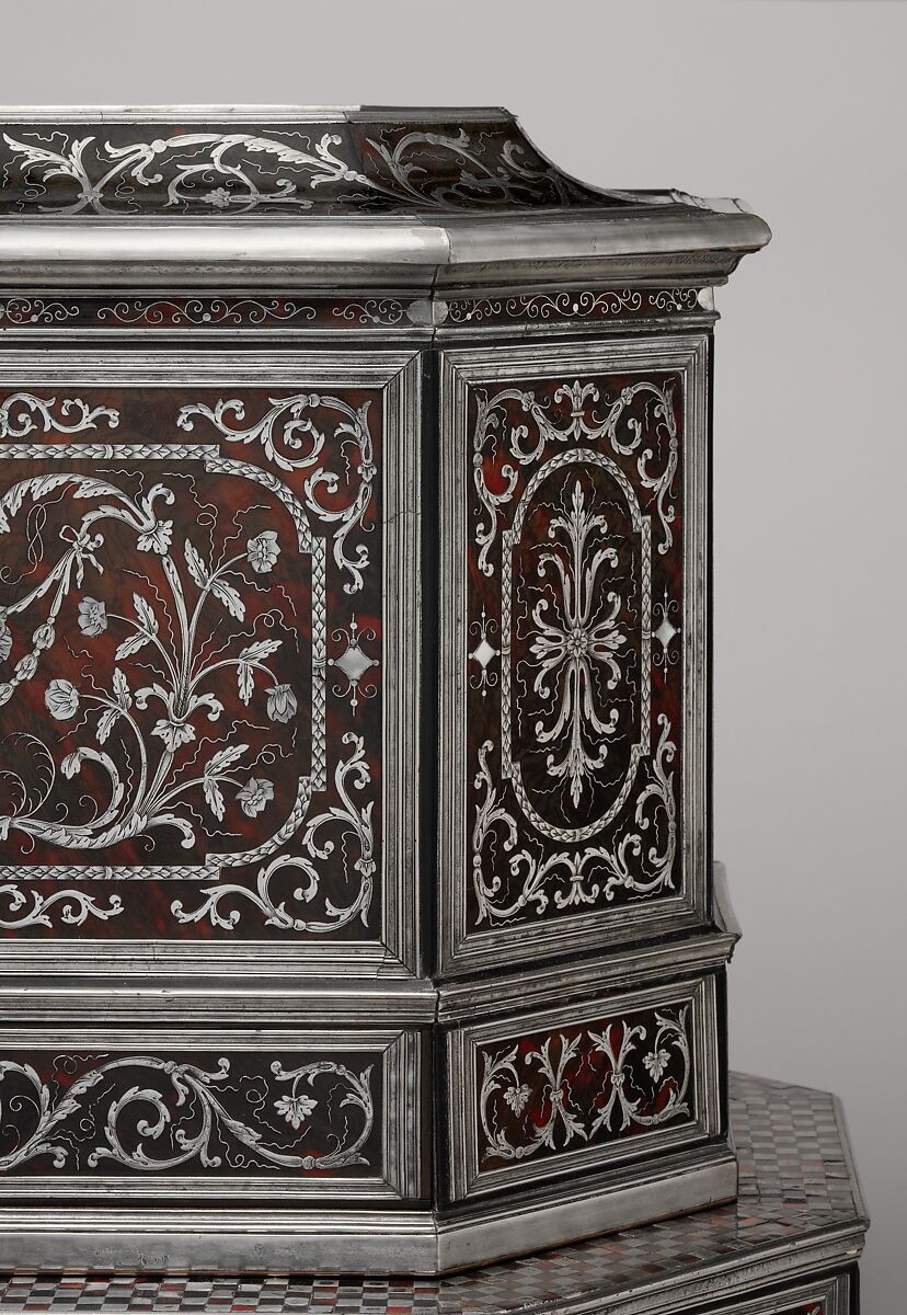 Wig cabinet (cabinet de coiffure), Johann Daniel Sommer II (German, 1643–1698?), Oak and walnut veneered with ebony, ebonized wood, and marquetry of pewter, mother of pearl, and tortoiseshell colored red on the reverse; silver; brocaded damask (not original), German, Künzelzau