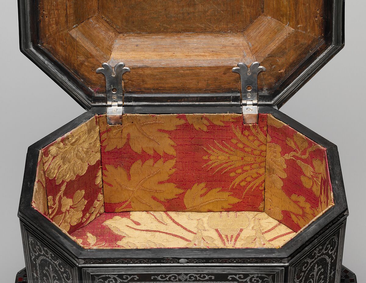 Wig cabinet (cabinet de coiffure), Johann Daniel Sommer II (German, 1643–1698?), Oak and walnut veneered with ebony, ebonized wood, and marquetry of pewter, mother of pearl, and tortoiseshell colored red on the reverse; silver; brocaded damask (not original), German, Künzelzau