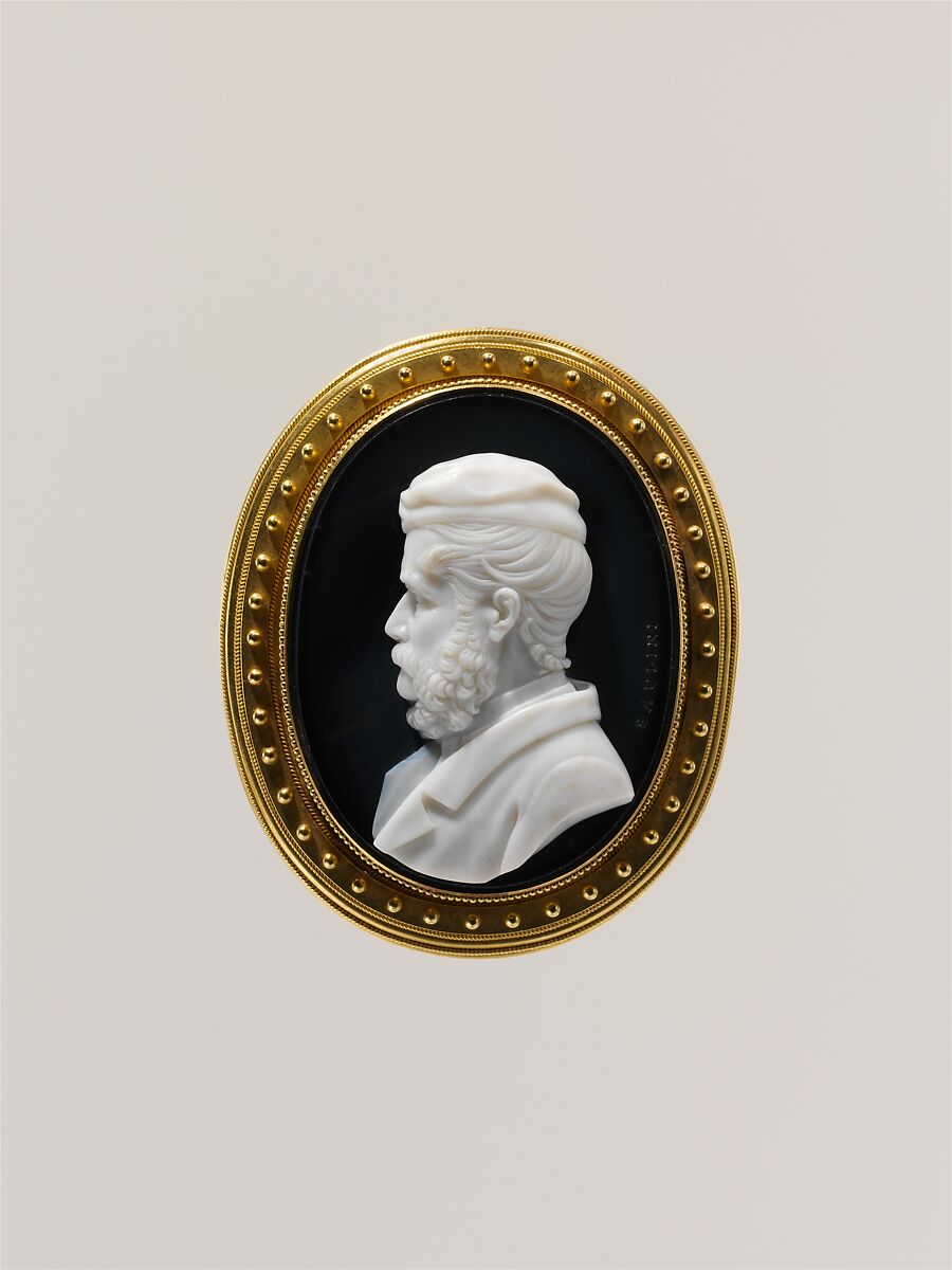 Bust of a bearded man in a cap, Luigi Saulini (Italian, 1819–1883), Onyx, gold mount, Italian, Rome 