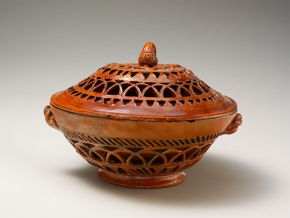 Covered bowl, Probably David Haring (1801–1871), Earthenware; Redware, American 