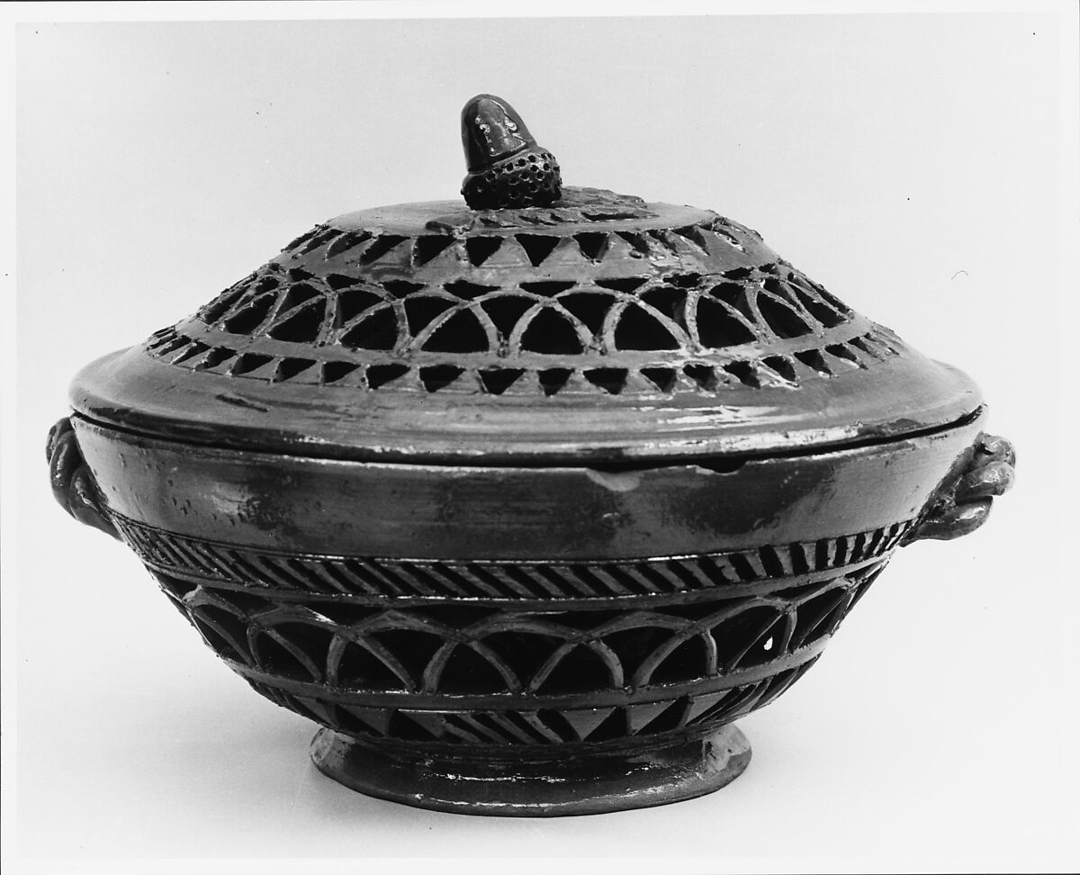 Covered bowl, Probably David Haring (1801–1871), Earthenware; Redware, American